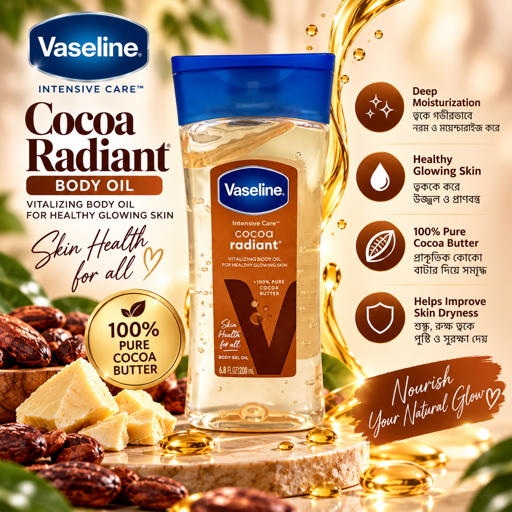 Vaseline Intensive Care Cocoa Radiant Body Oil – 200ml | Pure Cocoa Butter