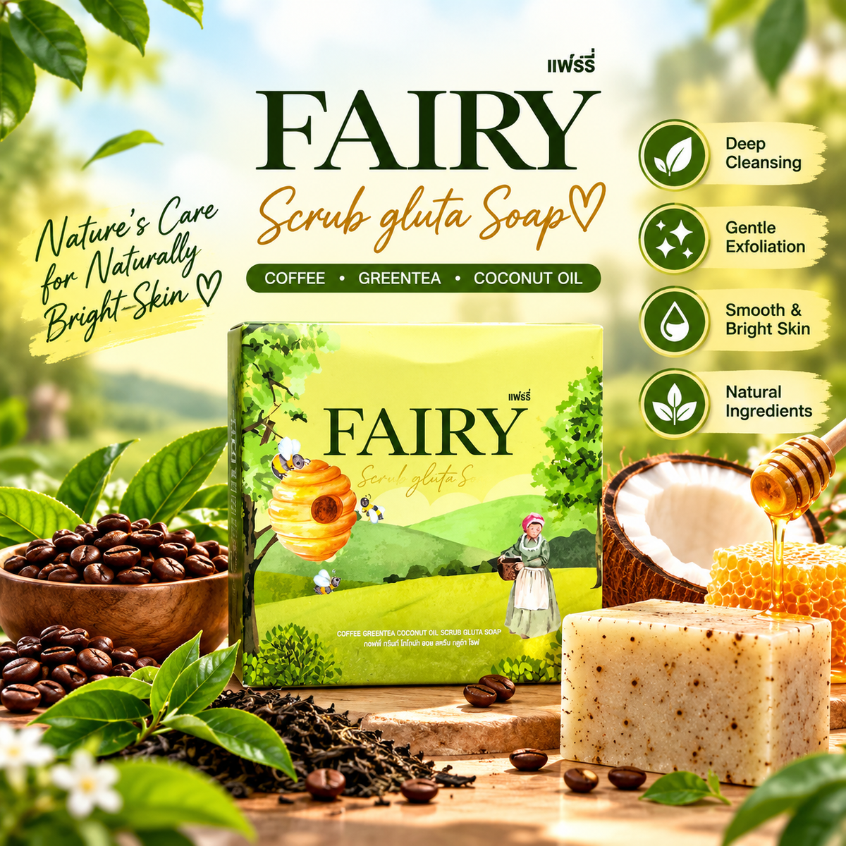 FAIRY Scrub Gluta Soap – Coffee, Green Tea & Coconut Oil
