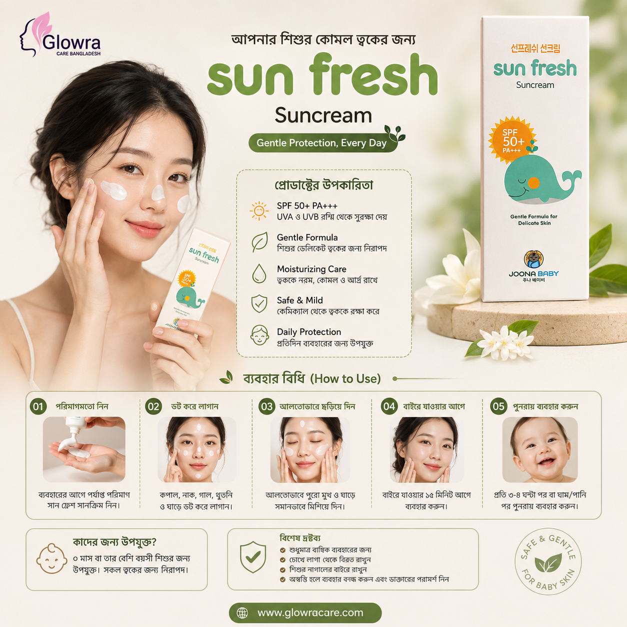 JOONA BABY Sun Fresh Suncream SPF50+ PA+++ | Gentle Baby Sunscreen for Delicate Skin & UVA/UVB Protection