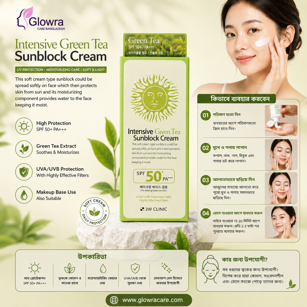 3W CLINIC Intensive Green Tea Sunblock Cream SPF50+ PA+++ | Moisturizing Korean Sunscreen with Green Tea Extract