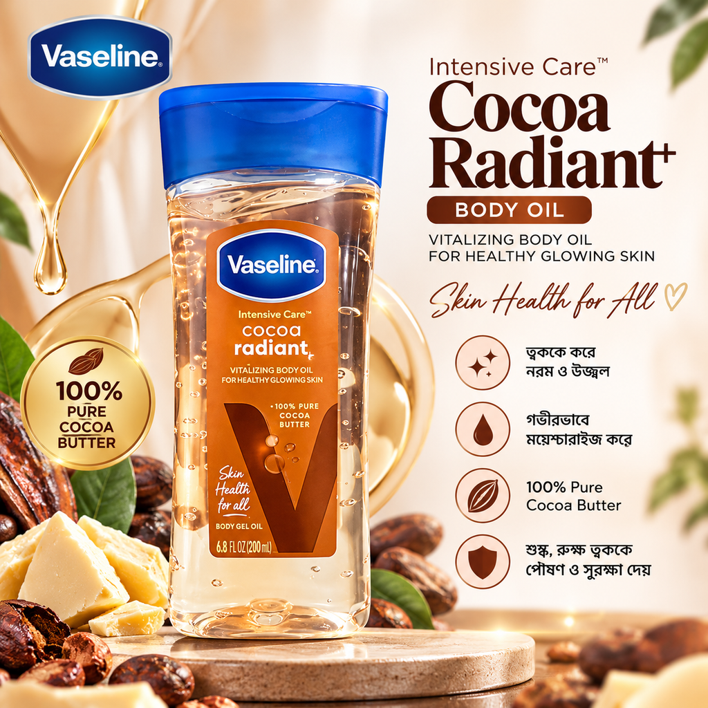 Vaseline Intensive Care Cocoa Radiant Body Oil – 200ml | Pure Cocoa Butter