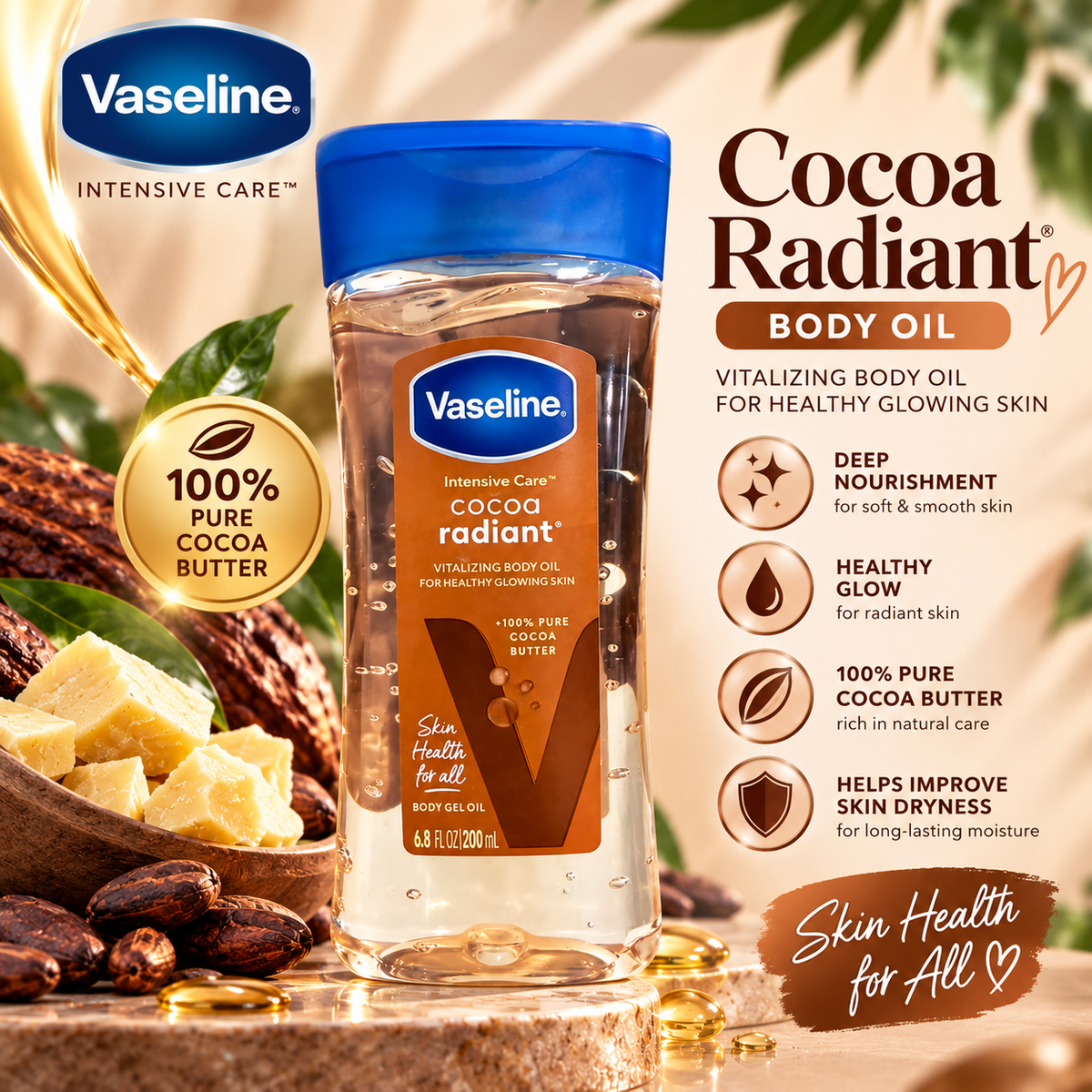 Vaseline Intensive Care Cocoa Radiant Body Oil – 200ml | Pure Cocoa Butter