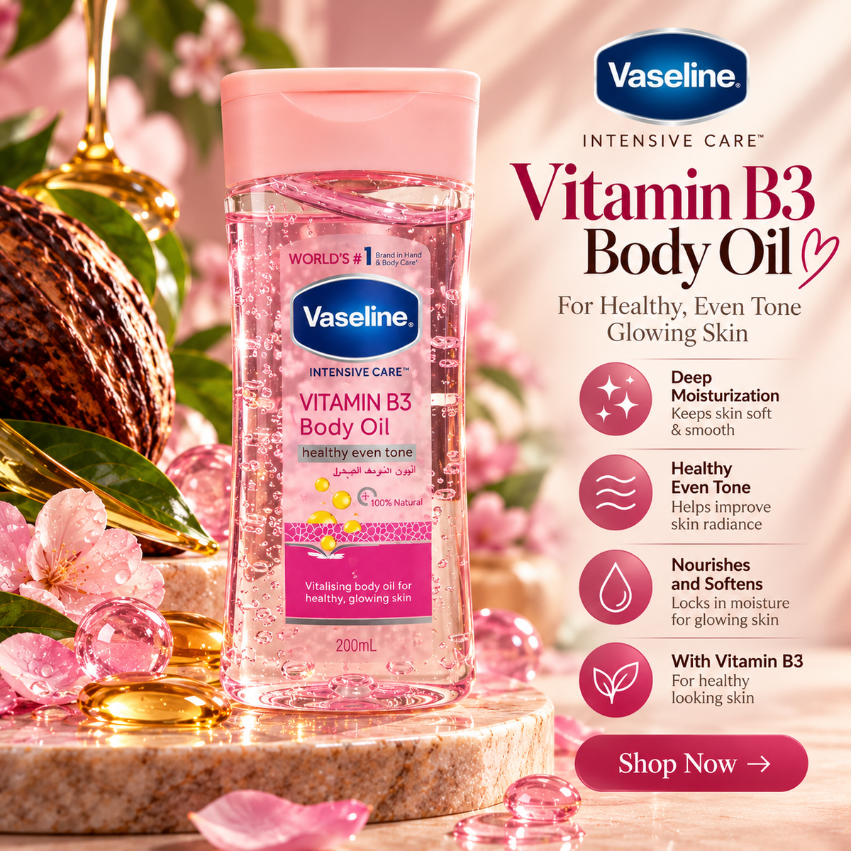 Vaseline Intensive Care Vitamin B3 Body Oil – 200ml - Glowra Care